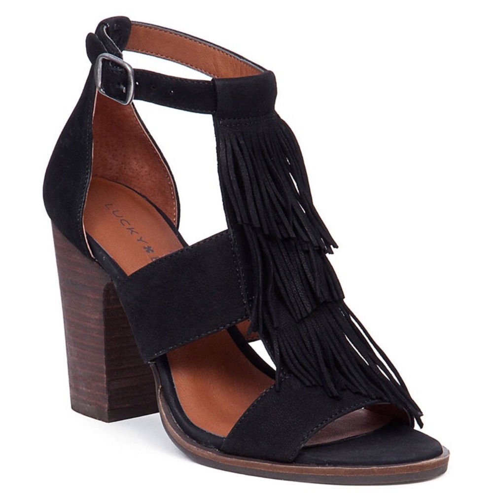 Black Block heels size 8 Lucky Brand fringe shoes